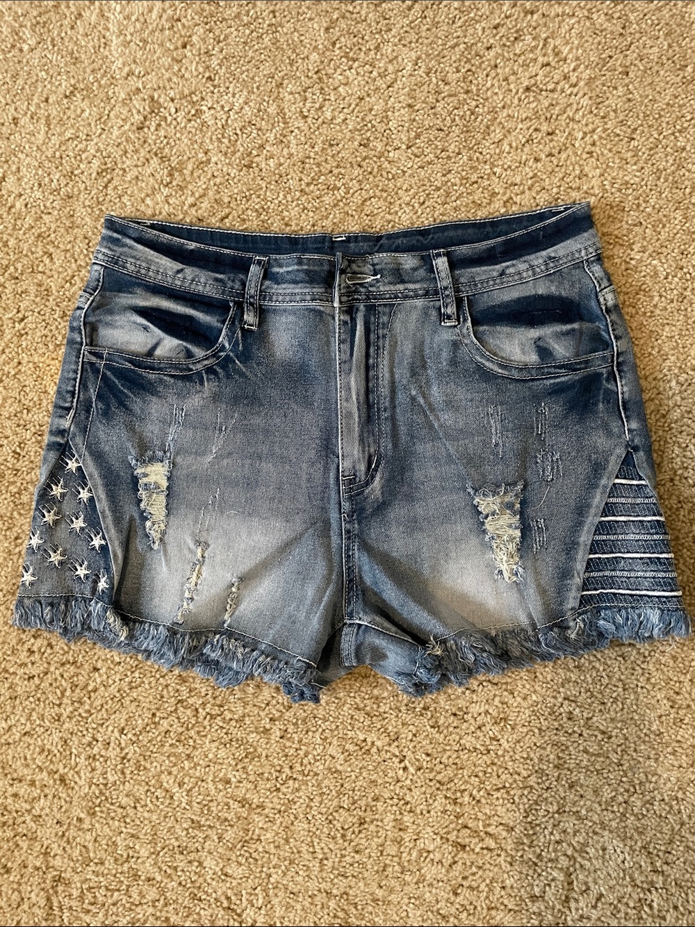Distressed Blue Denim Women’s Shorts with Star Accent